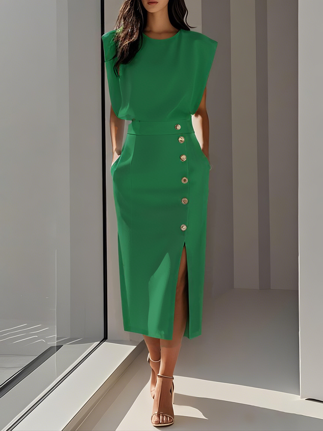Caroline | Women’s Elegant Button Detail Midi Dress Luvy Boutique