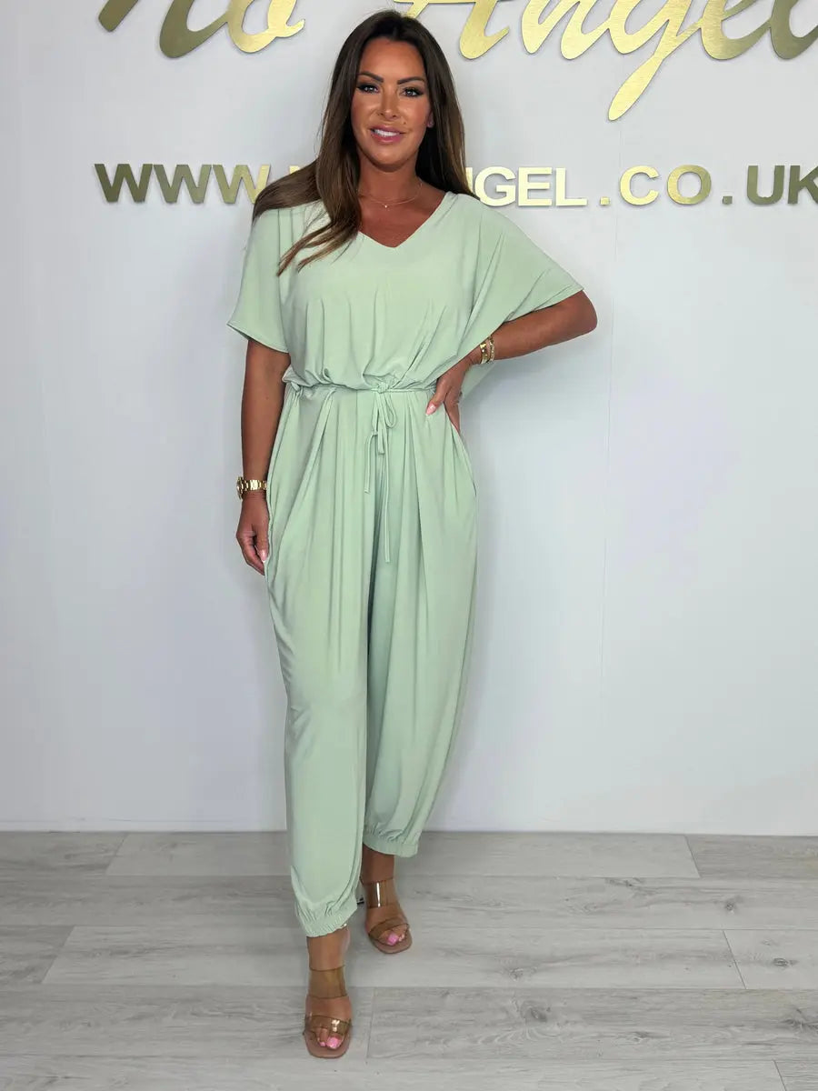 2025 Cotton jumpsuit with V-neck and tie belt Luvy Boutique