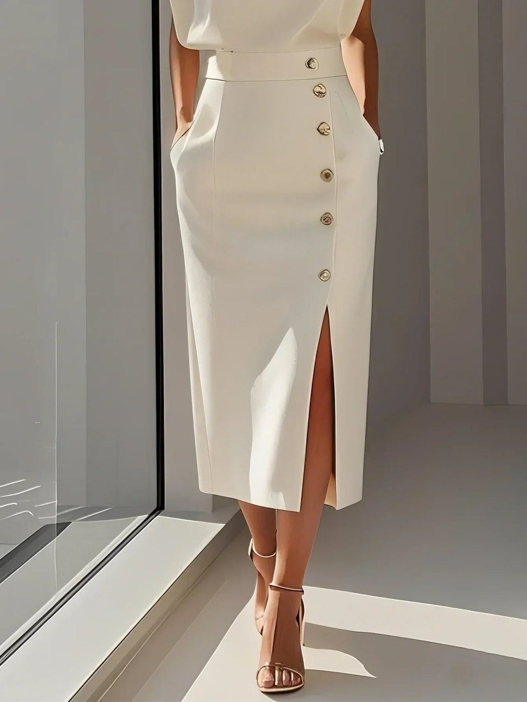 Caroline | Women’s Elegant Button Detail Midi Dress Luvy Boutique