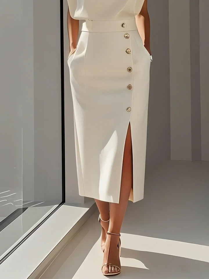 Caroline | Women’s Elegant Button Detail Midi Dress Luvy Boutique
