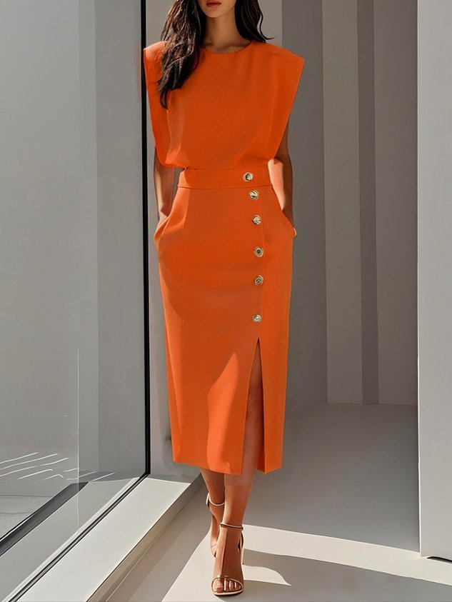 Caroline | Women’s Elegant Button Detail Midi Dress Luvy Boutique