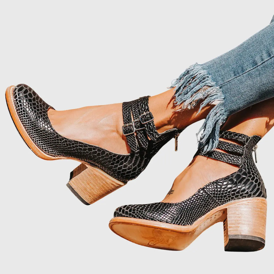 Amelia | Women’s Buckle Strap Block Heel Boots Luvy Boutique