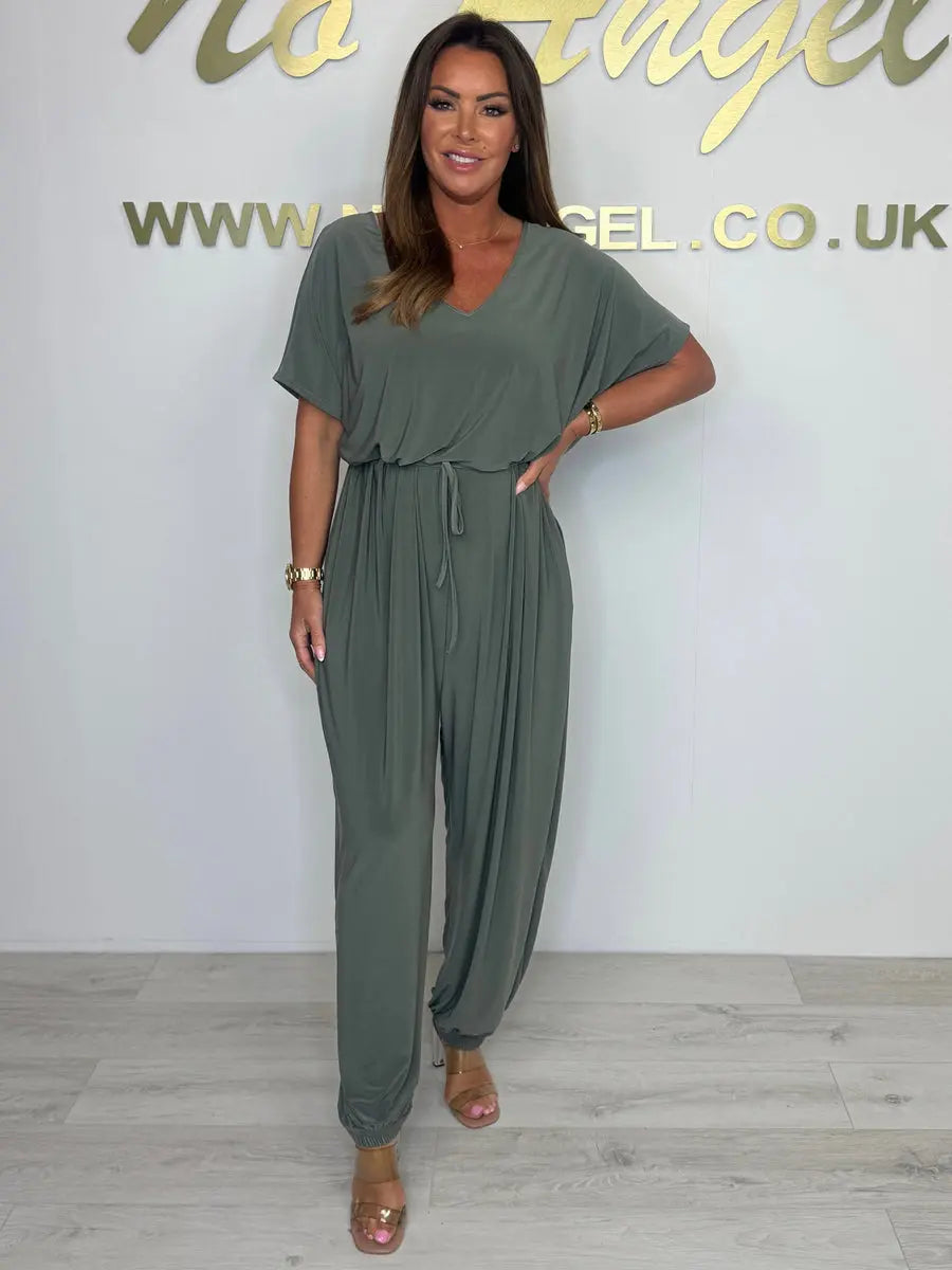 2025 Cotton jumpsuit with V-neck and tie belt Luvy Boutique