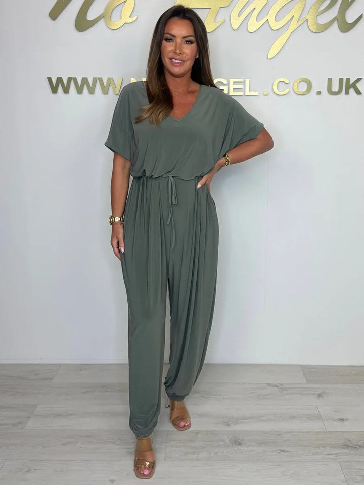 2025 Cotton jumpsuit with V-neck and tie belt Luvy Boutique