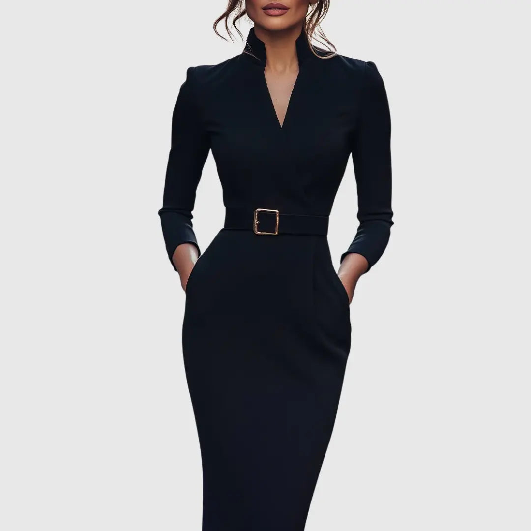 Elizabeth | Women Belted Long Sleeve Midi Dress Luvy Boutique