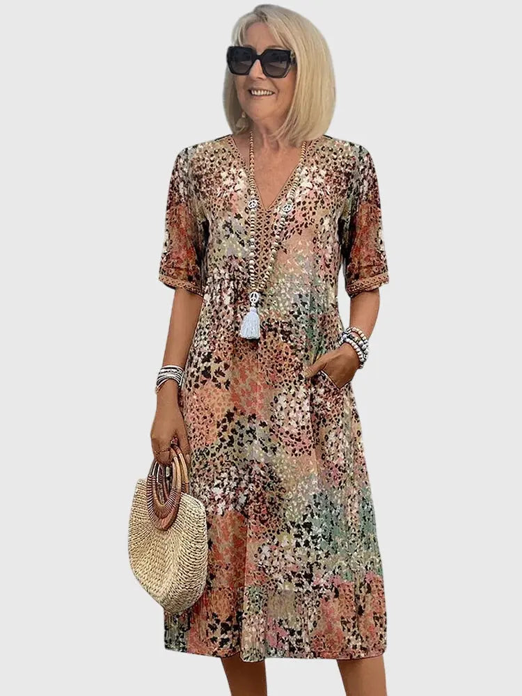 Bella | Womens Printed V Neck Midi Dress Luvy Boutique