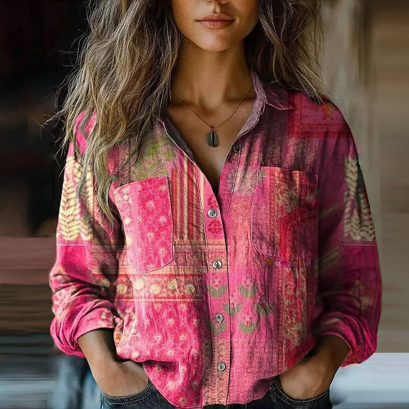 Blair | Women’s Vintage Print Button-Up Long Sleeve Blouse Luvy Boutique