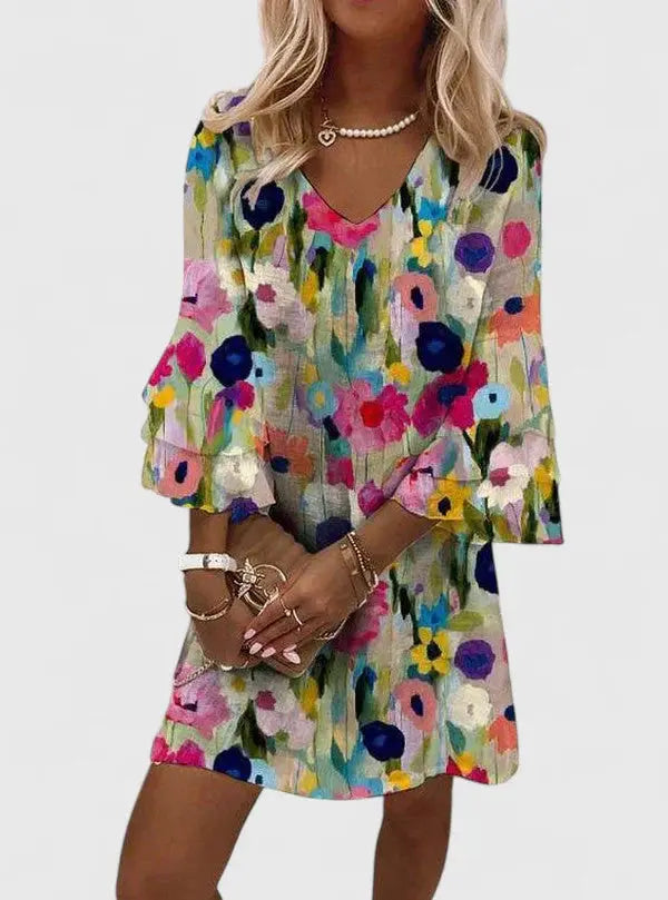 Isabella | Women Floral V Neck Shift Mini Dress Luvy Boutique