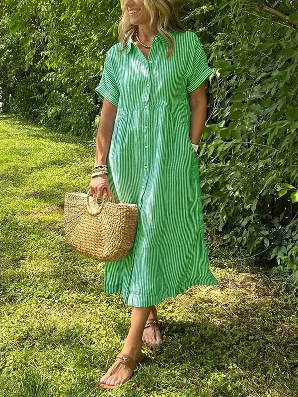 Victoria | Women’s Striped Button Front Midi Shirt Dress Luvy Boutique