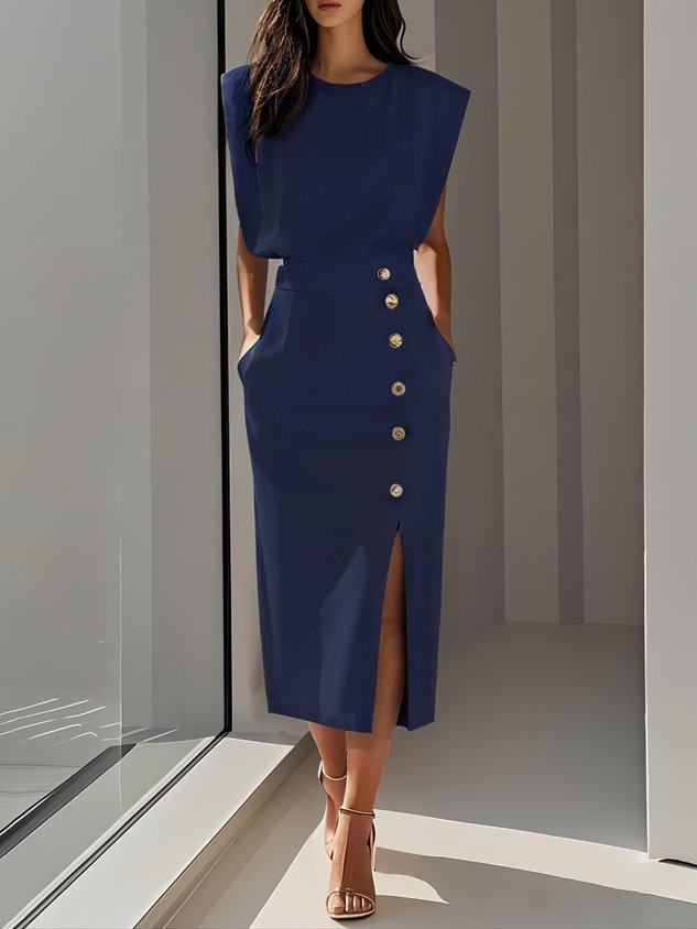 Caroline | Women’s Elegant Button Detail Midi Dress Luvy Boutique