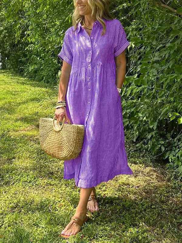 Victoria | Women’s Striped Button Front Midi Shirt Dress Luvy Boutique