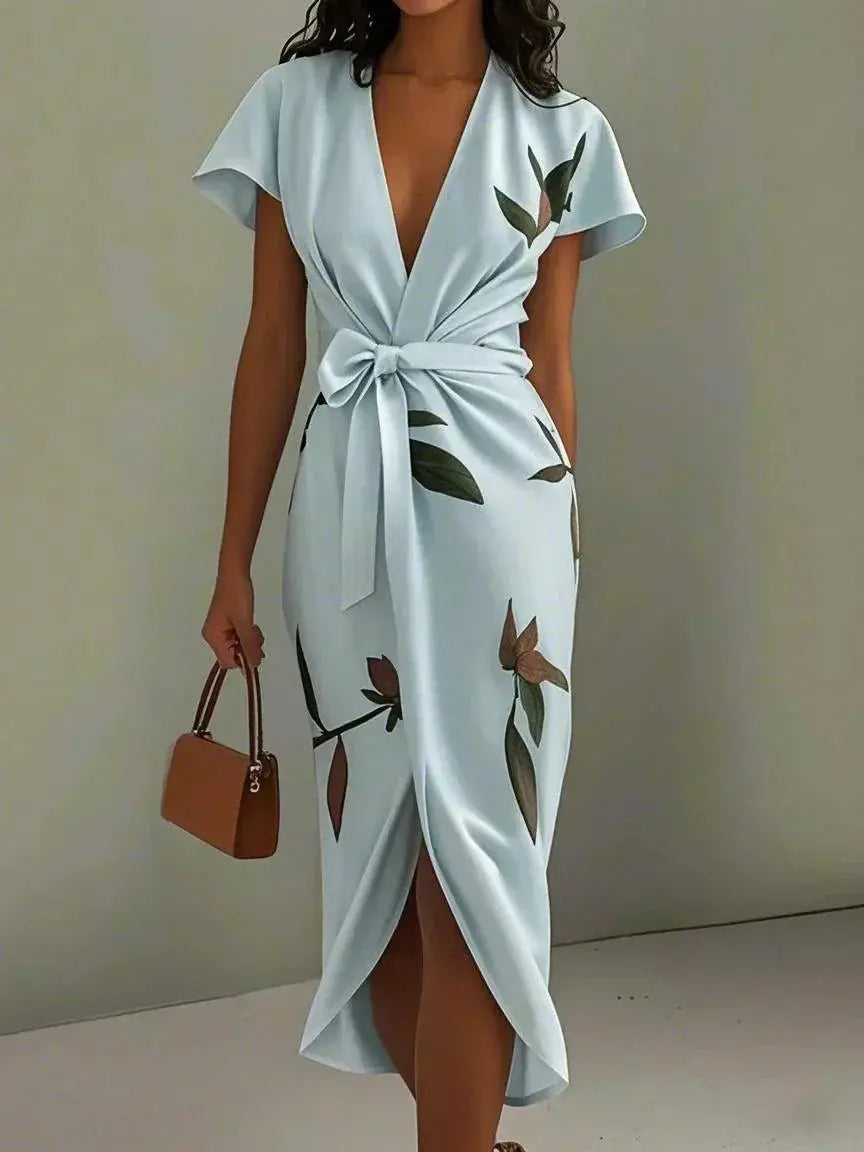 Evelyn | Women V Neck Tie Waist Midi Dress Luvy Boutique