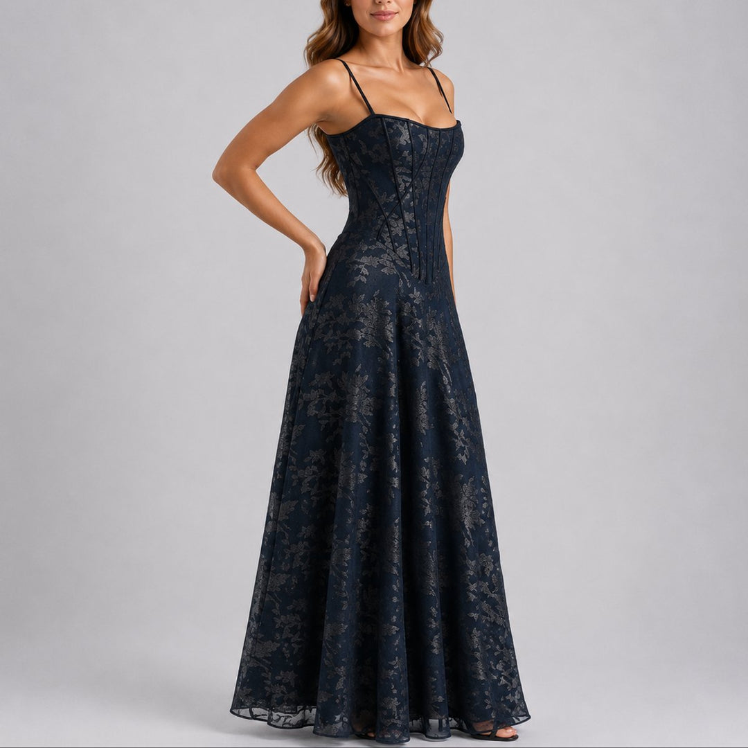Evelyn | Fall Wedding Guest Dresses Floral Corset Maxi Gown Spaghetti Strap