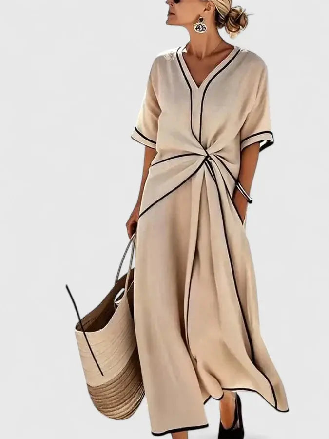 Emma | Womens V Neck Tie Waist Midi Dress Luvy Boutique