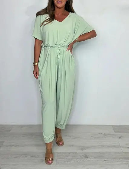 2025 Cotton jumpsuit with V-neck and tie belt Luvy Boutique