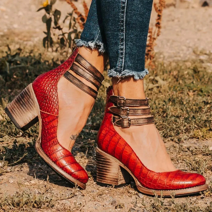 Brooklyn | Women's Strap Buckle Cutout Block Heel Shoes Luvy Boutique