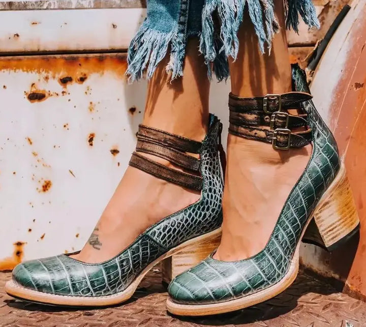 Brooklyn | Women's Strap Buckle Cutout Block Heel Shoes Luvy Boutique