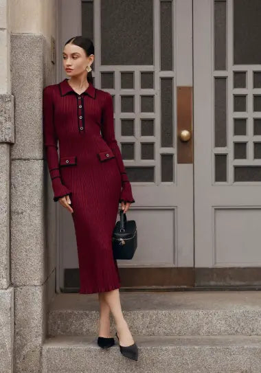 Brooklyn | Womens Ribbed Button Front Knit Midi Dress Luvy Boutique
