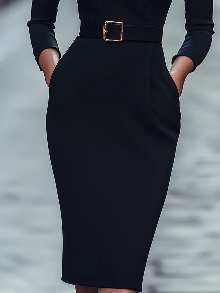 Elizabeth | Women Belted Long Sleeve Midi Dress Luvy Boutique