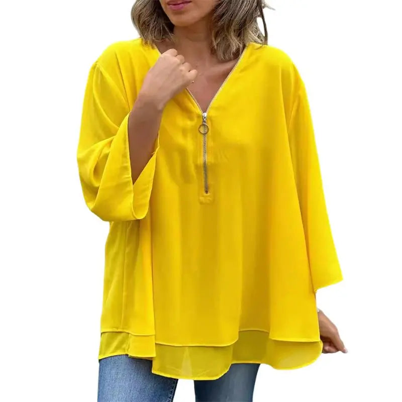 Melanie | Chiffon Zipper Top With V-neck Luvy Boutique