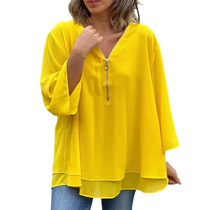 Melanie | Chiffon Zipper Top With V-neck Luvy Boutique