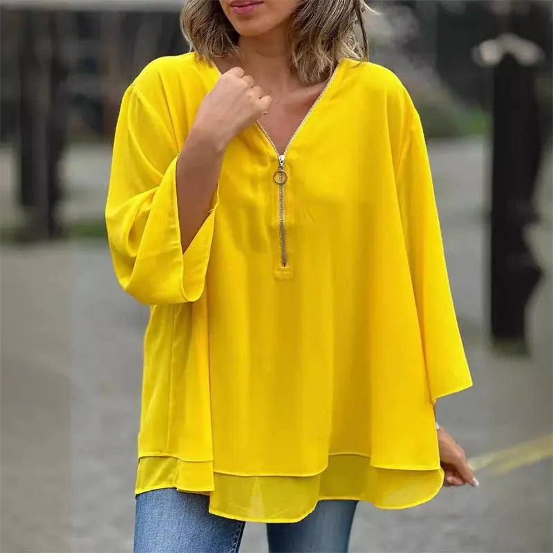 Melanie | Chiffon Zipper Top With V-neck Luvy Boutique