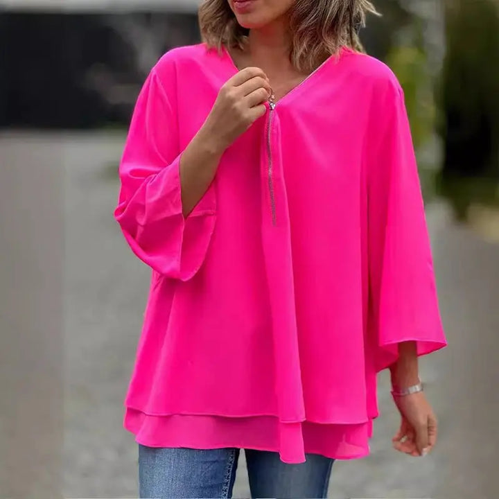 Melanie | Chiffon Zipper Top With V-neck Luvy Boutique
