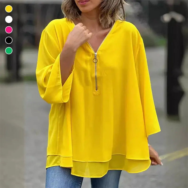 Melanie | Chiffon Zipper Top With V-neck Luvy Boutique