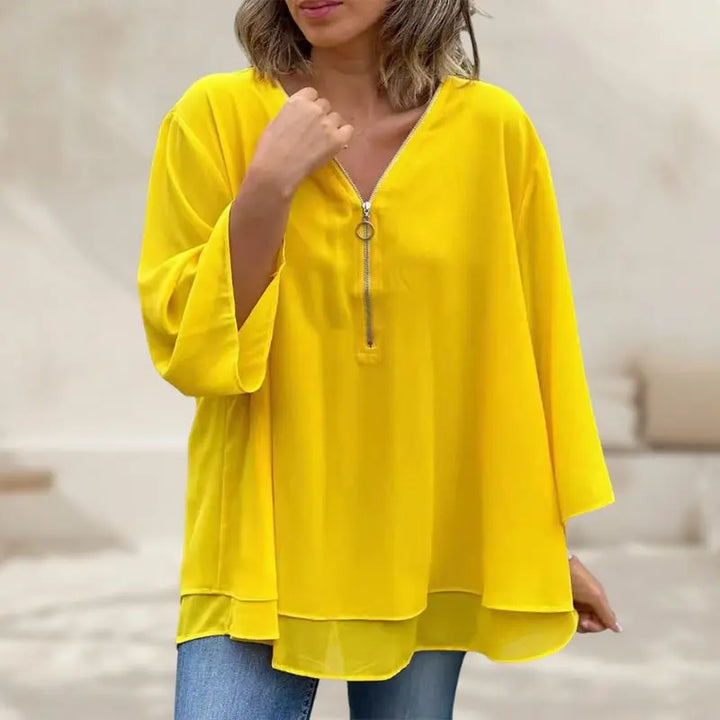 Melanie | Chiffon Zipper Top With V-neck Luvy Boutique