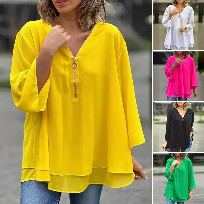 Melanie | Chiffon Zipper Top With V-neck Luvy Boutique
