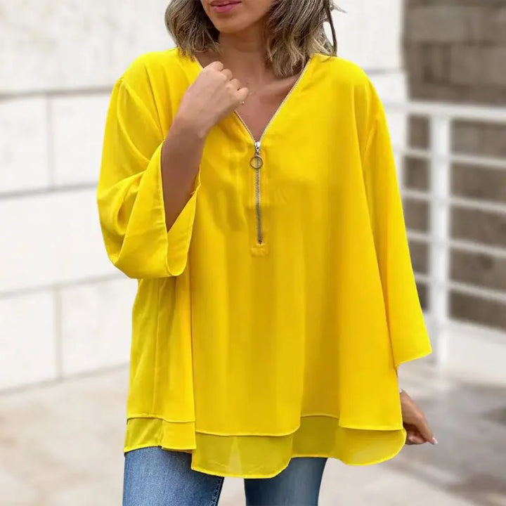Melanie | Chiffon Zipper Top With V-neck Luvy Boutique