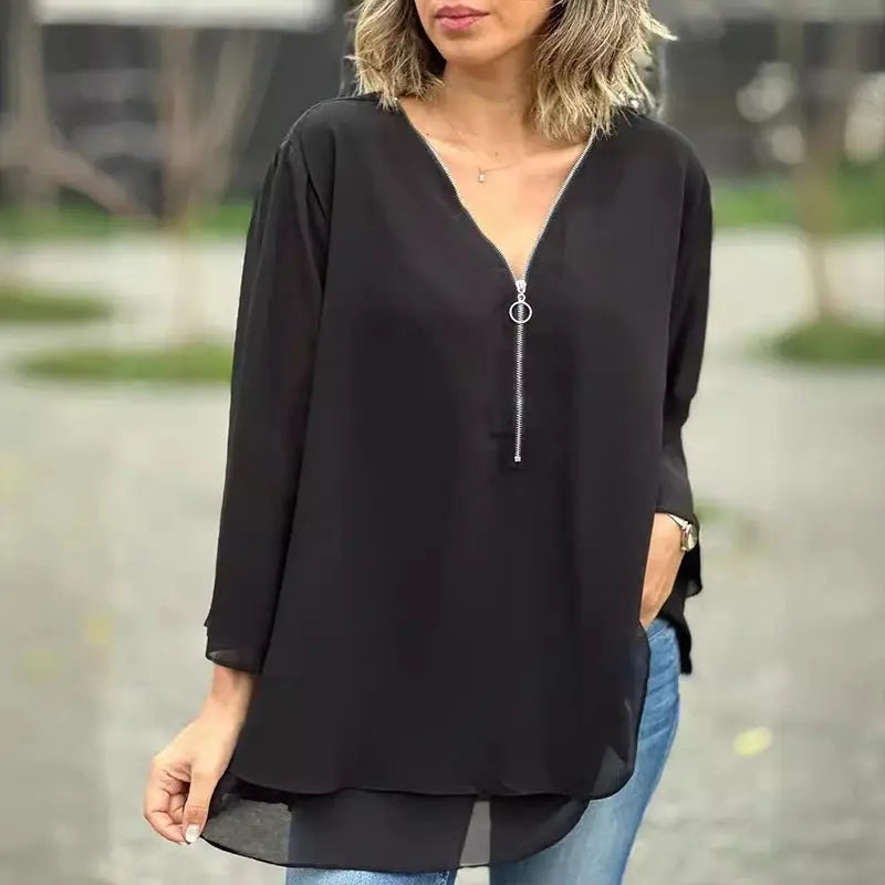 Melanie | Chiffon Zipper Top With V-neck Luvy Boutique