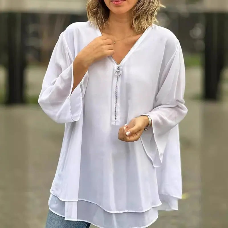 Melanie | Chiffon Zipper Top With V-neck Luvy Boutique