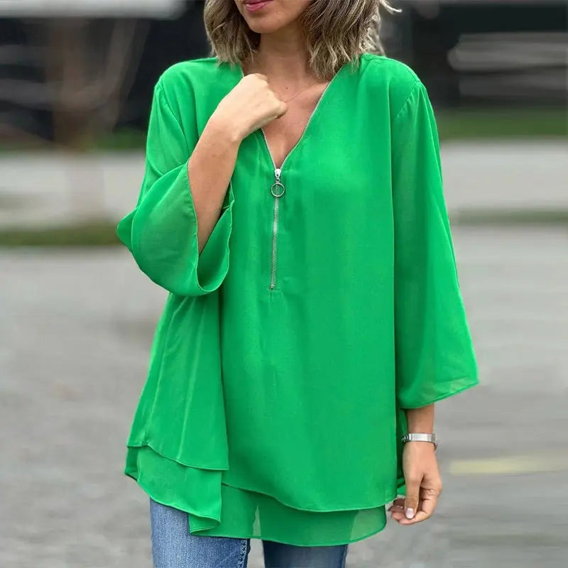 Melanie | Chiffon Zipper Top With V-neck Luvy Boutique