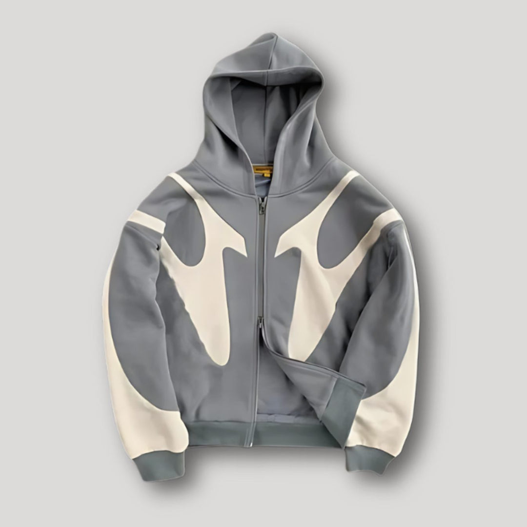 Men's Bold Contrast-Panel Full-Zip Graphic Hoodie - Grey