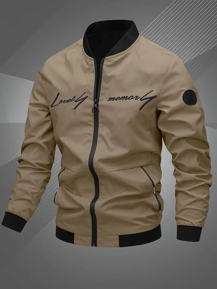 Men's Bomber Jacket Lightweight Zip-Up Baseball Collar Polyester - Khaki