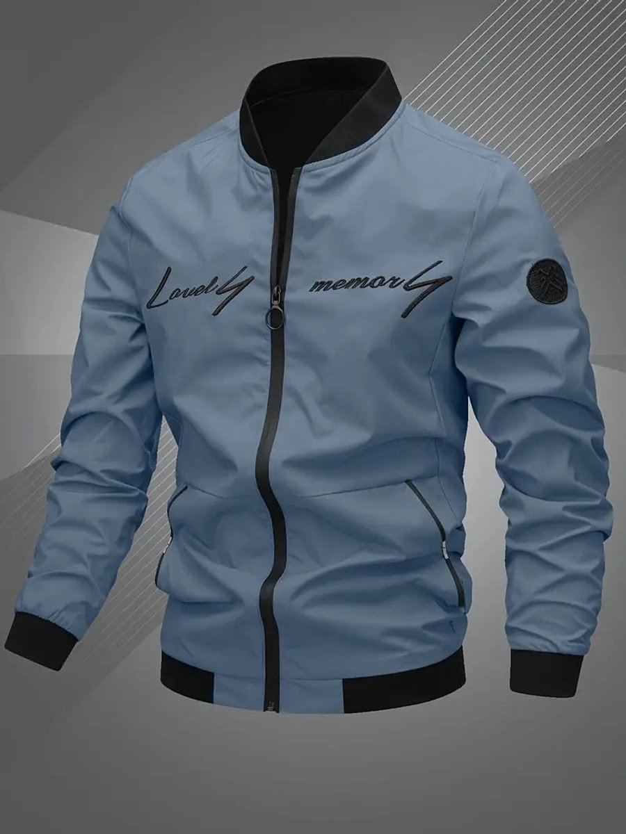 Men's Bomber Jacket Lightweight Zip-Up Baseball Collar Polyester - Fog Blue