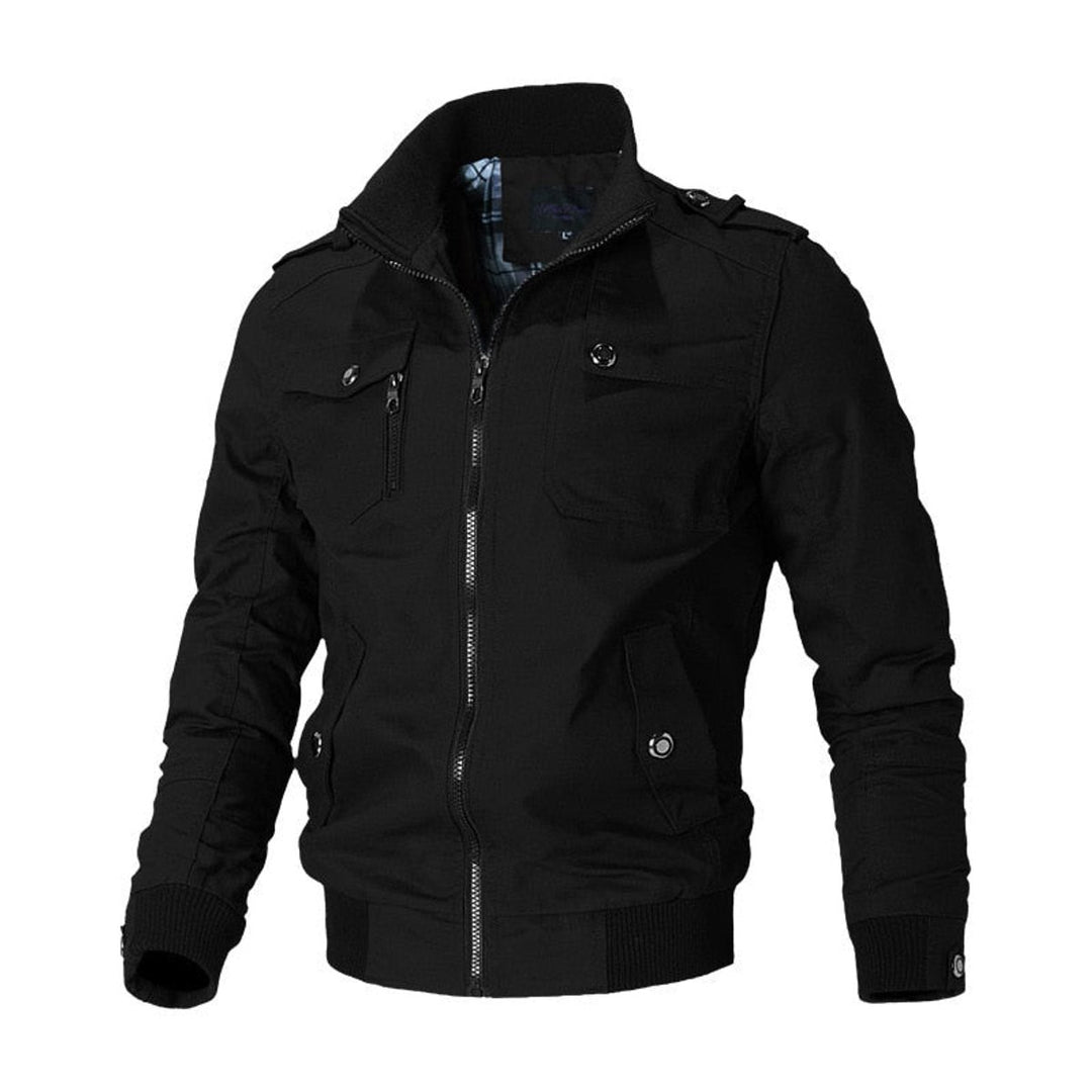 Men's Bomber Jacket Military-Style Zip-Up Cargo Outerwear - Black