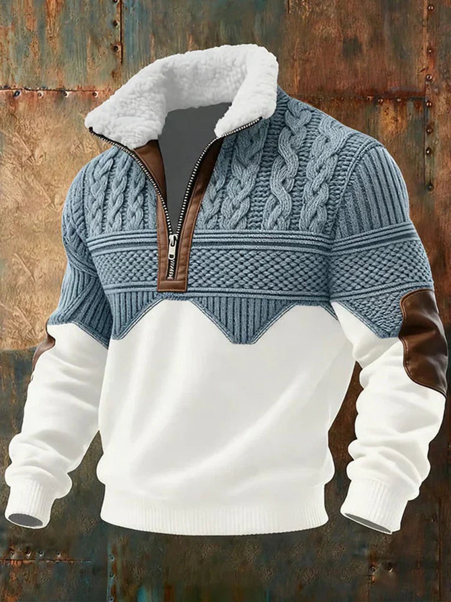 Men's Cable Knit Sweater Half-Zip Fleece Collar Colour Block Pullover