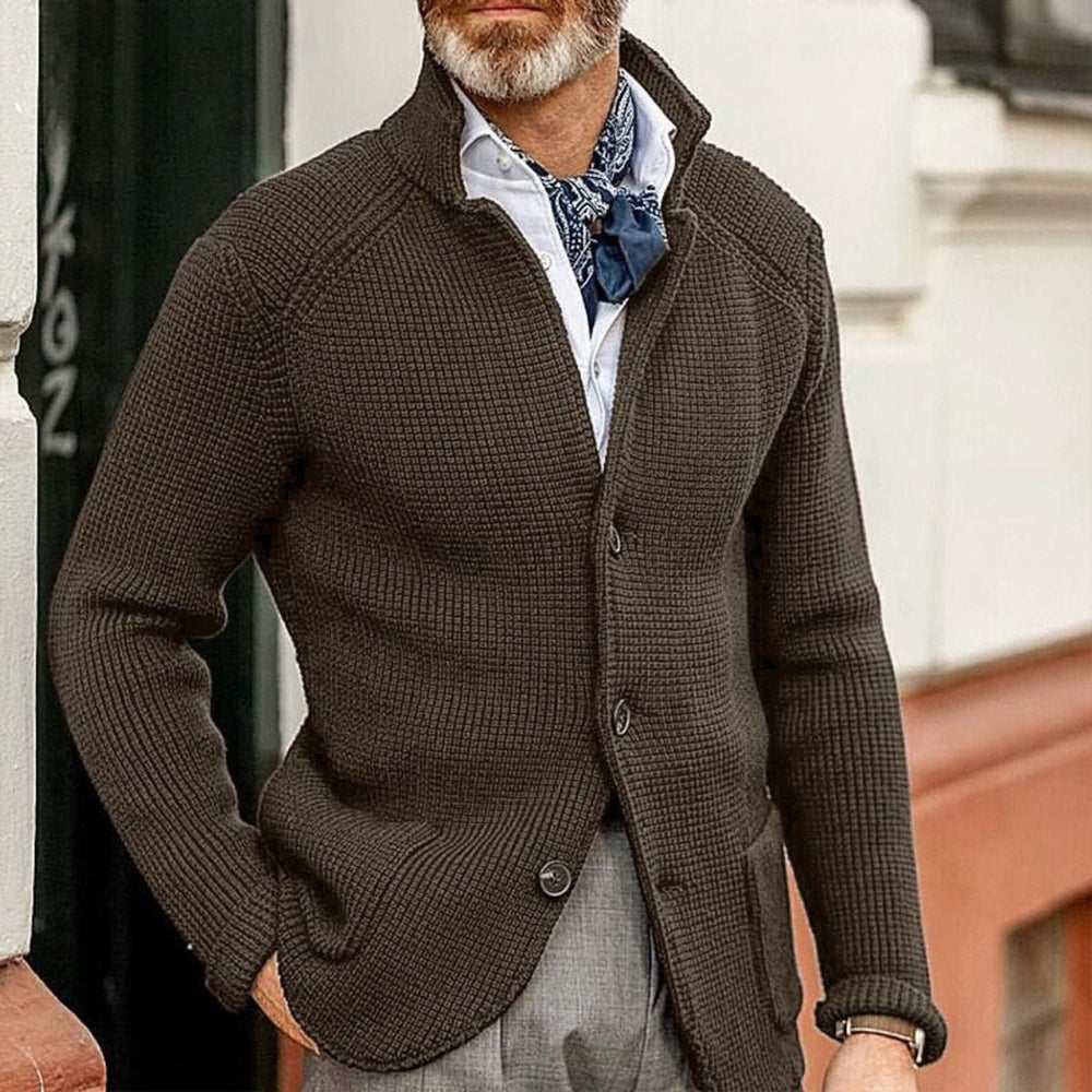 Mens Cardigan Button-Up Waffle-Knit Stand-Collar Sweater Jacket - Coffee