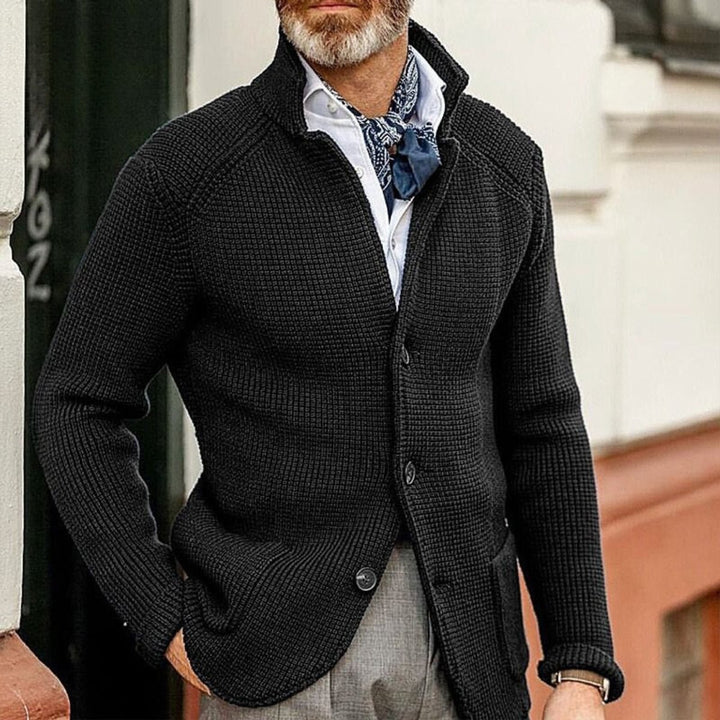 Mens Cardigan Button-Up Waffle-Knit Stand-Collar Sweater Jacket - Black