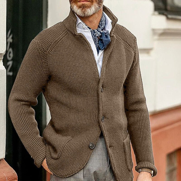 Mens Cardigan Button-Up Waffle-Knit Stand-Collar Sweater Jacket - Brown