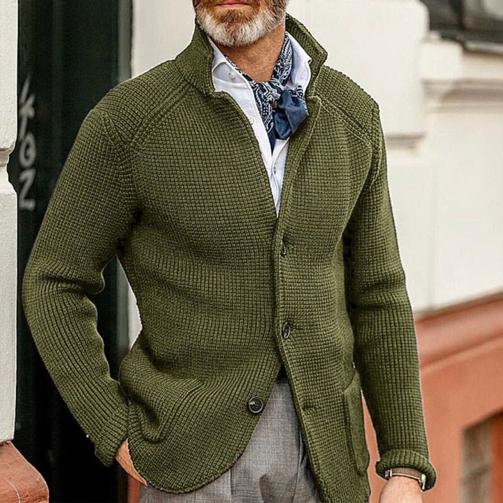 Mens Cardigan Button-Up Waffle-Knit Stand-Collar Sweater Jacket - Green