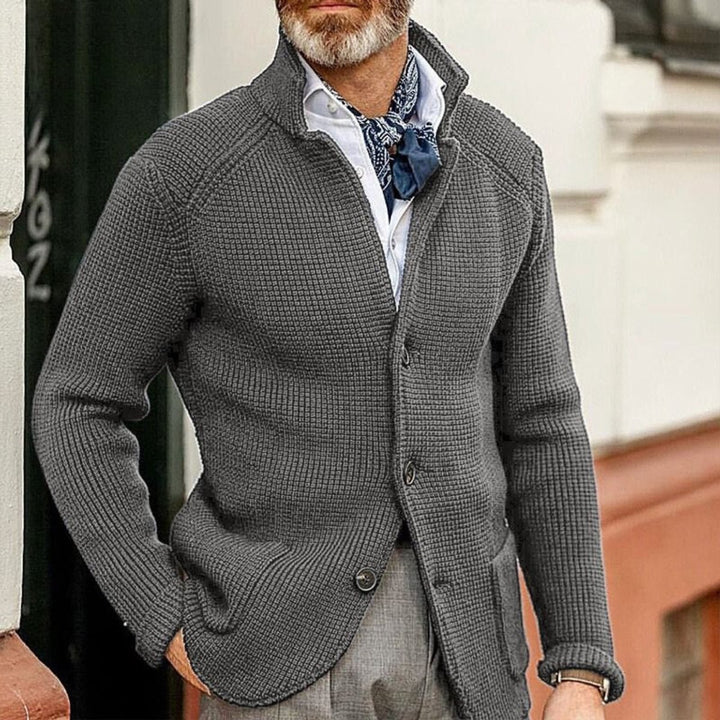 Mens Cardigan Button-Up Waffle-Knit Stand-Collar Sweater Jacket - Grey