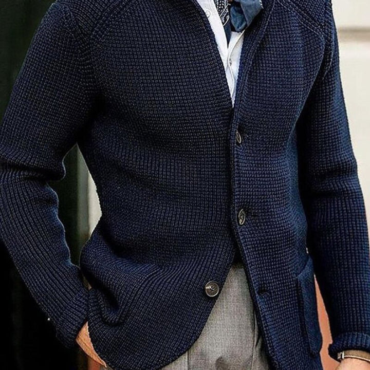 Mens Cardigan Button-Up Waffle-Knit Stand-Collar Sweater Jacket - Blue