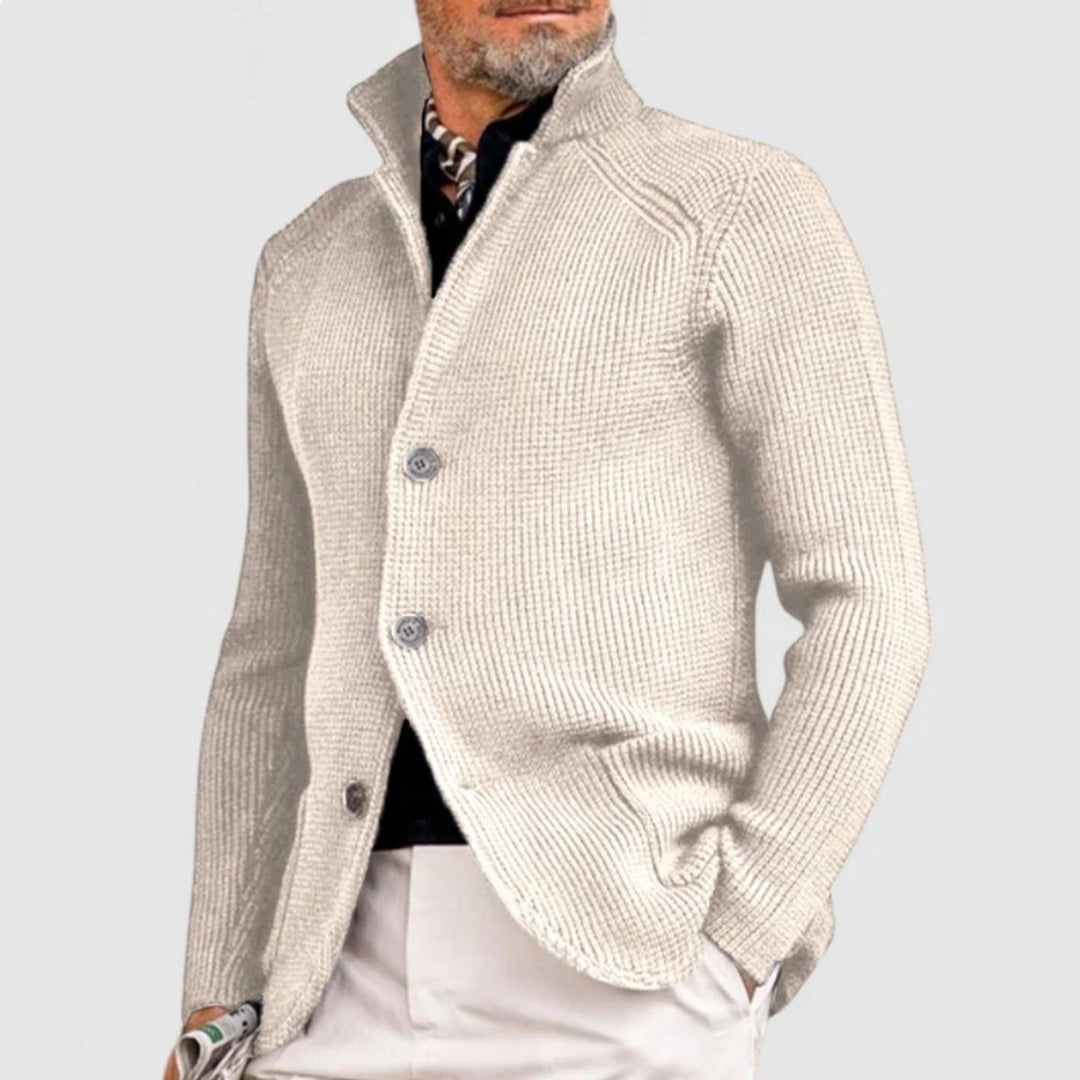Mens Cardigan Button-Up Waffle-Knit Stand-Collar Sweater Jacket - White