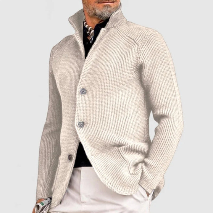 Mens Cardigan Button-Up Waffle-Knit Stand-Collar Sweater Jacket - White