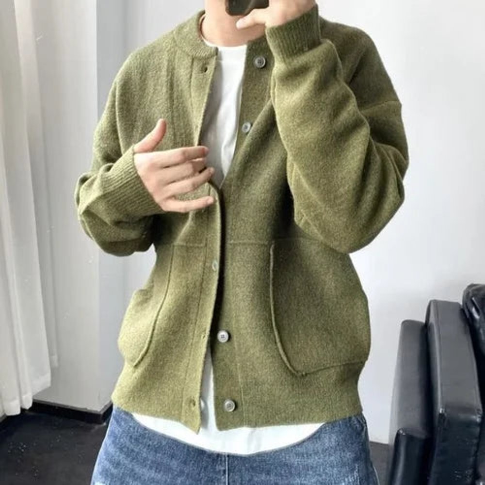 Mens Cardigan Relaxed-Fit Button-Up Knit Jacket