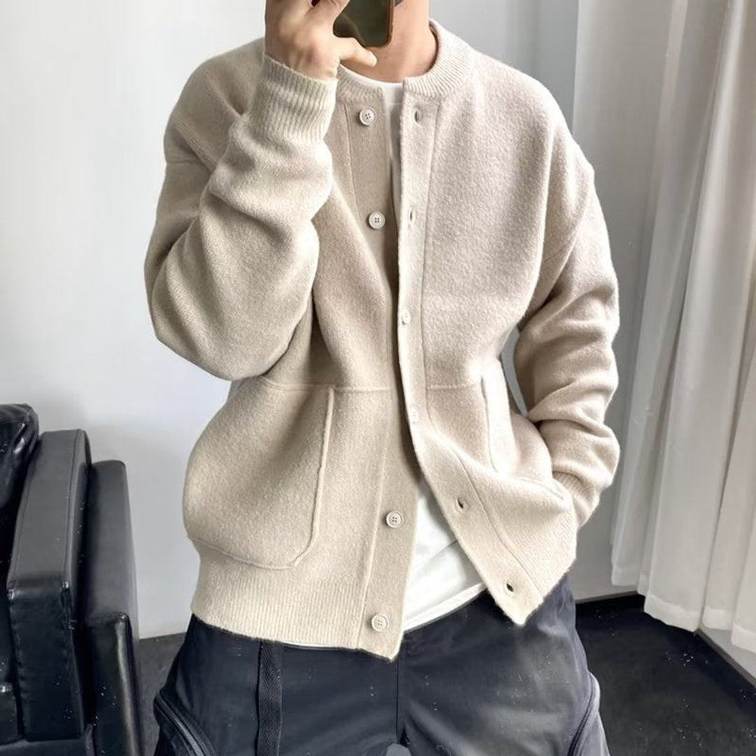 Mens Cardigan Relaxed-Fit Button-Up Knit Jacket - Beige