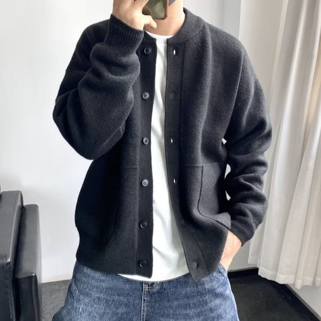 Mens Cardigan Relaxed-Fit Button-Up Knit Jacket - Black